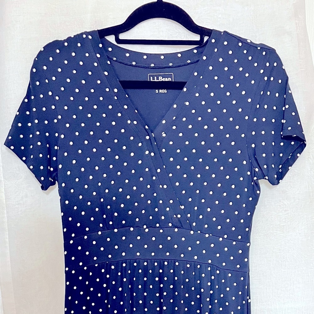 LL Bean Summer Knit Dress, in Classic Navy Dot color